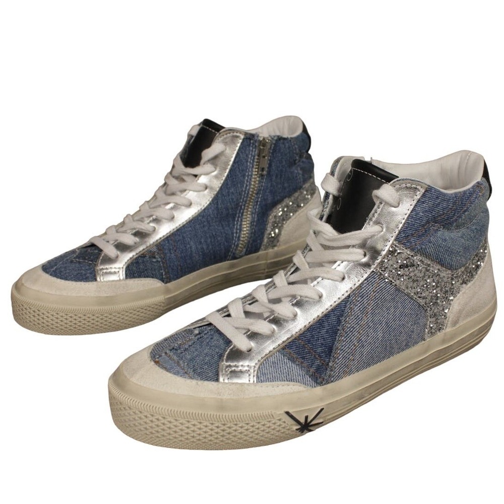 Ross & Snow Sneakers Women US‎ 9 EU 39 Denim Glitter Distressed Lace Up Zip